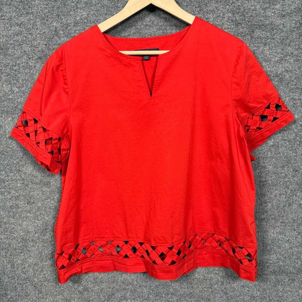 Brooks‎ Brothers Womens XL Top Blouse Red Boxy Cotton Blend Split Neck Colorful